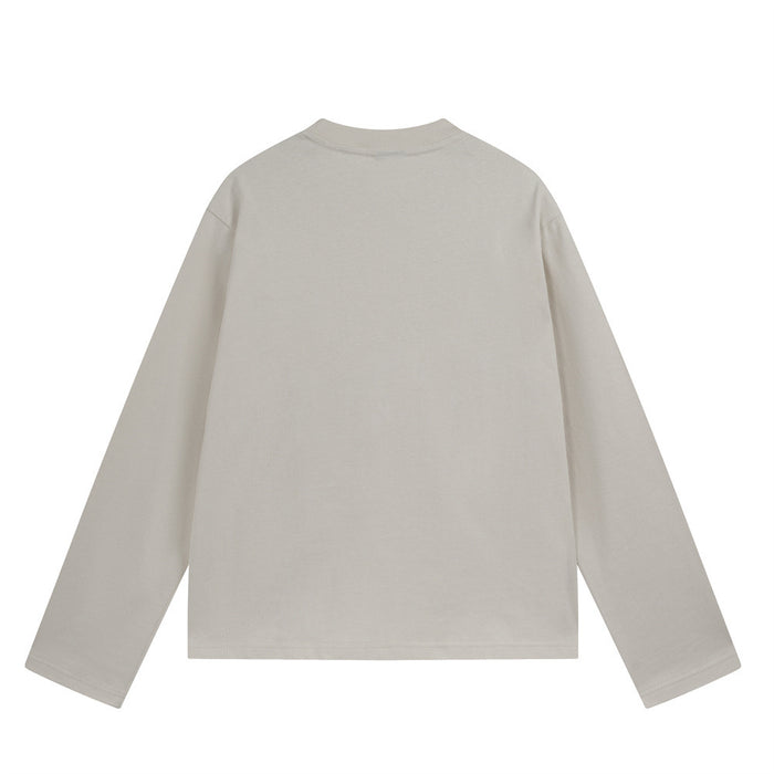 Back view of a light beige long-sleeve T-shirt with a plain design and crew neckline