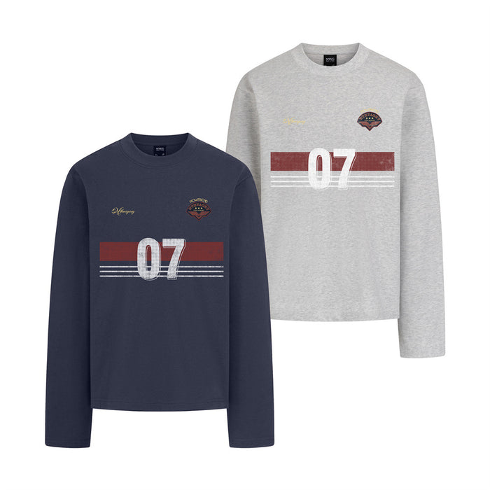 Two long sleeve graphic crewneck tees in navy and heather gray, each featuring a red stripe and white 07 print