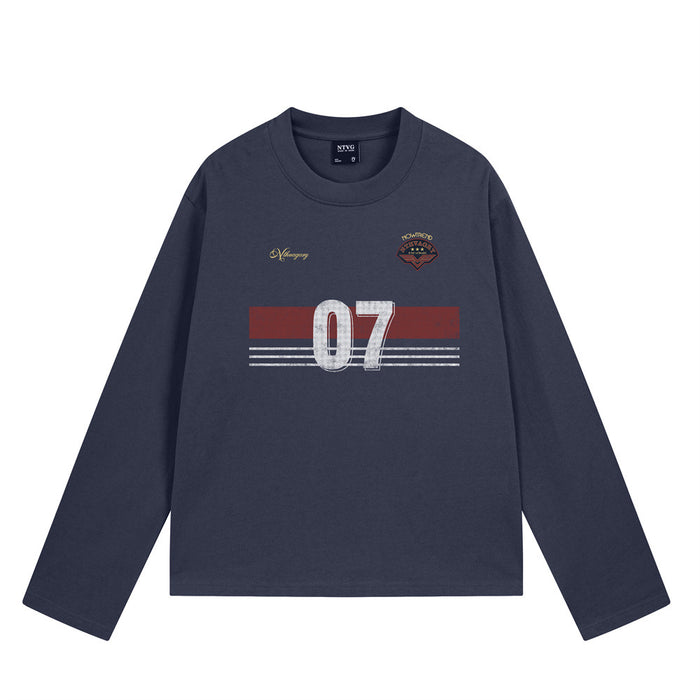 Men's long sleeve crewneck tee with distressed 07 number stripe graphic print in navy blue and heather grey