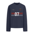 Front view of a navy long sleeve crewneck tee with a red stripe, white 07 graphic, crest, and script detail