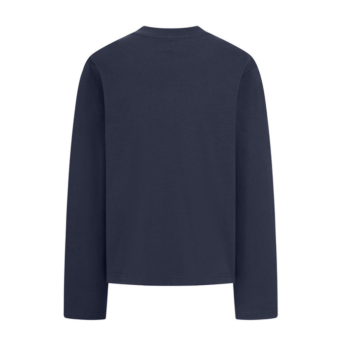 Plain navy long sleeve crewneck tee shown from the back with visible sleeve and hem stitching