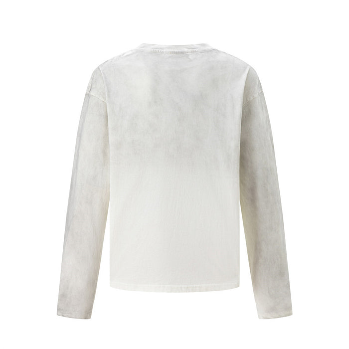 Back view of a white long-sleeve crew neck shirt showing its plain lightly textured fabric