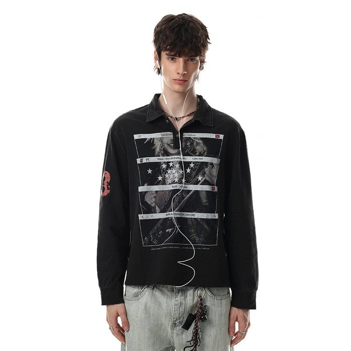 Washed black long sleeve men's polo collar shirt with rock musician browser-window graphic print on the front and red number