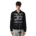 Washed black long sleeve men's polo collar shirt with rock musician browser-window graphic print on the front and red number