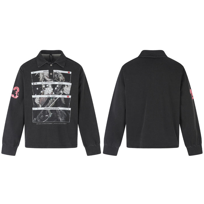 Black long sleeve polo shirt with browser-window rock graphic, front and back views