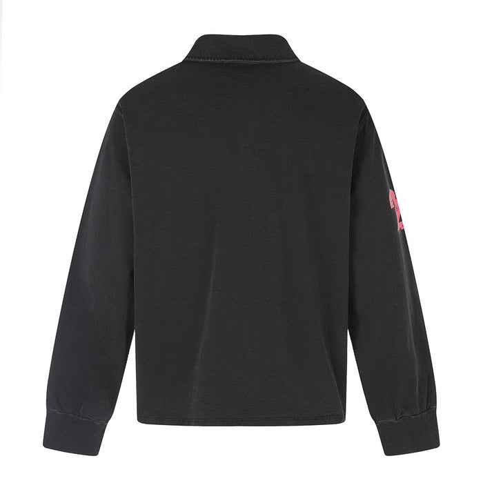 Black long sleeve polo shirt back view with plain back and ribbed cuffs