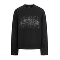 Black relaxed-fit long sleeve tee shown front-facing with a distressed gray gothic chest print
