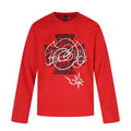 Front view of red long sleeve tee with black and white Celtic cross graphic print