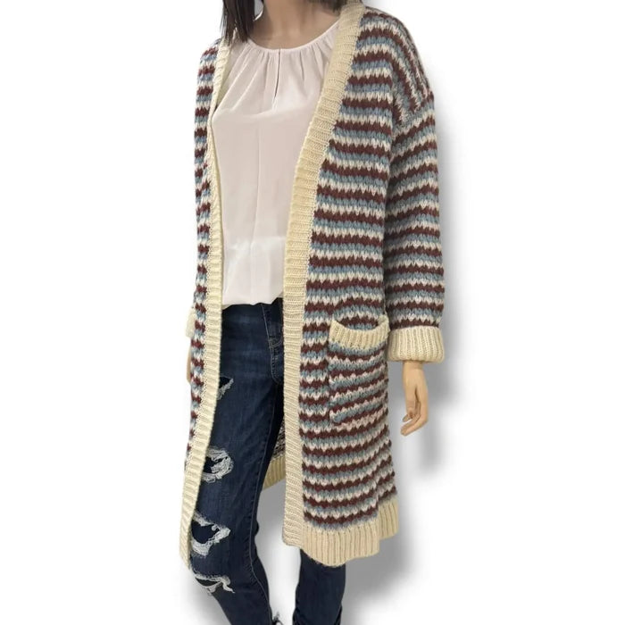 long striped knit cardigan jacket with pockets in ivory blue and brick red chunky crochet style