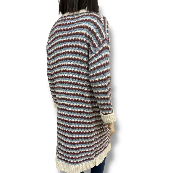 long striped knit cardigan jacket with pockets in ivory blue and brick red chunky crochet style