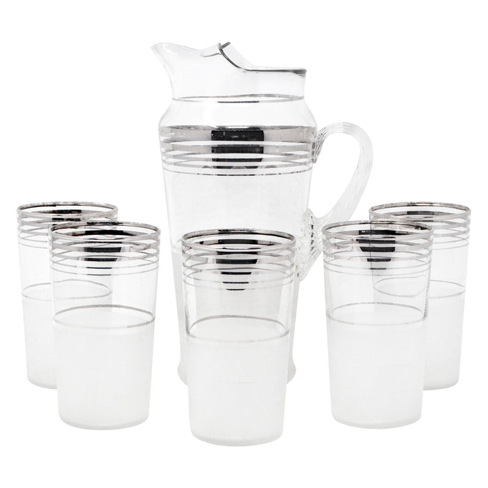 Vintage MacBeth-Evans Silver Band Frosted Cocktail Pitcher Set Front | The Hour Shop