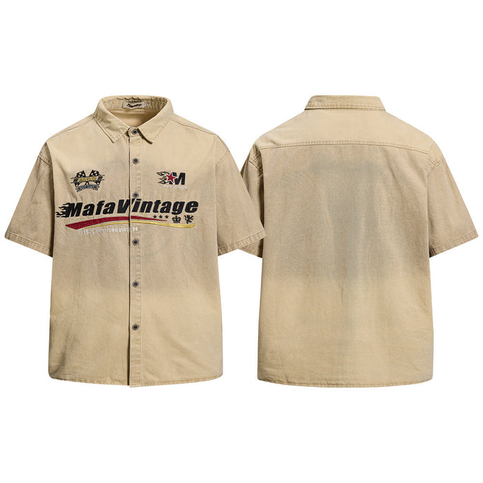 Mafa Vintage racing embroidered short sleeve shirt in washed khaki with bold chest graphics and flame motifs