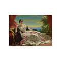 A magnet with the image of a painting depicting a woman in a luxurious gown reclining on a sofa with a tropical landscape in the background.