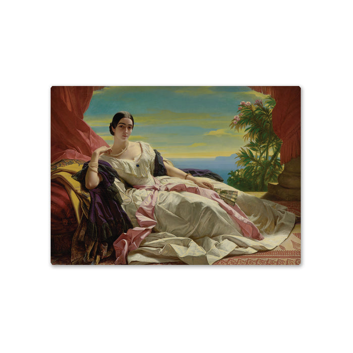 A magnet with the image of a painting depicting a woman in a luxurious gown reclining on a sofa with a tropical landscape in the background.
