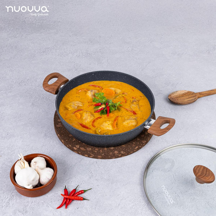 nuovva granite marble casserole pot (shallow) with glass lid for easy home cooking.