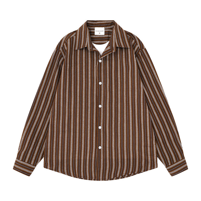Men's oversized long sleeve vertical striped shirt with faux-layered camp collar in brown, front view