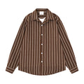 Men's oversized long sleeve vertical striped shirt with faux-layered camp collar in brown, front view