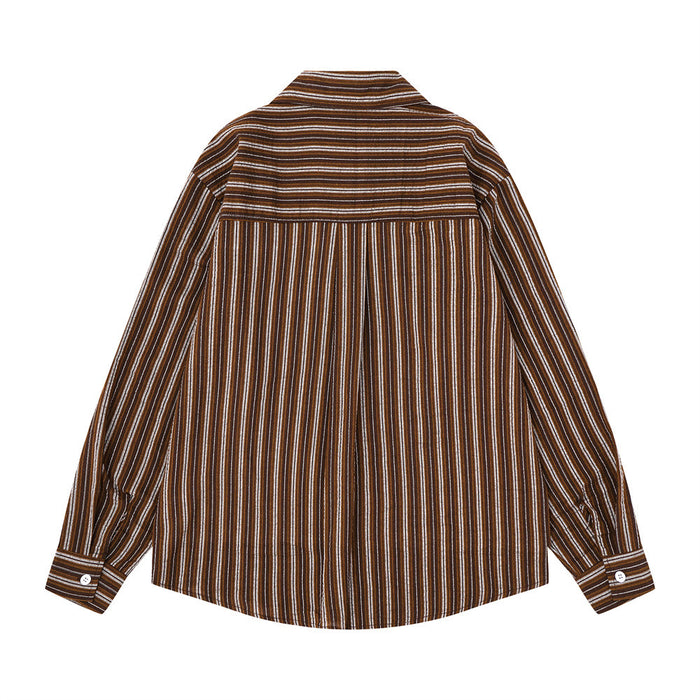Brown striped long sleeve shirt back view with yoke seam