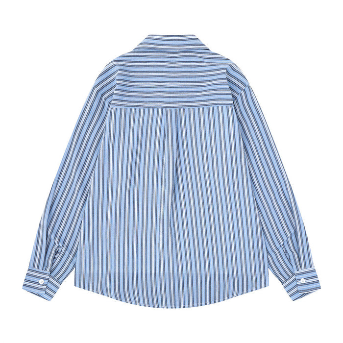 Blue striped long sleeve shirt back view with yoke seam