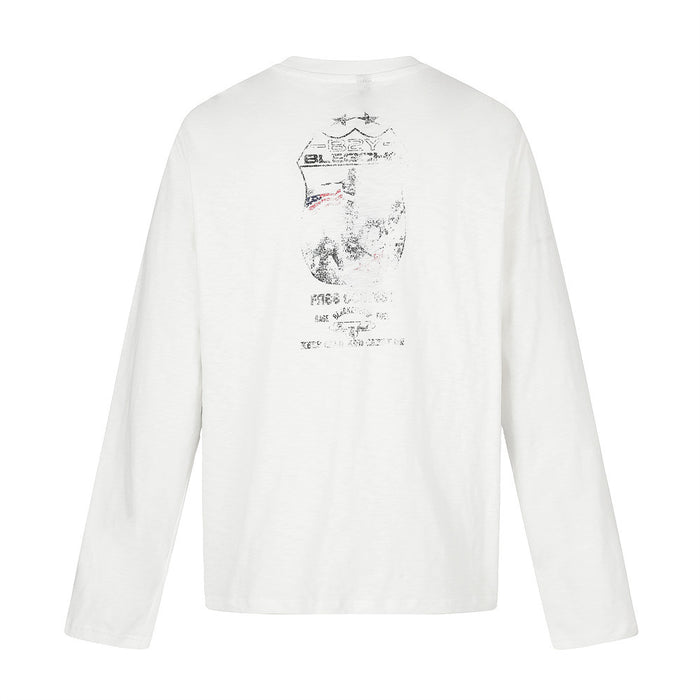 Back view of white long sleeve tee with faded badge graphic near the neck