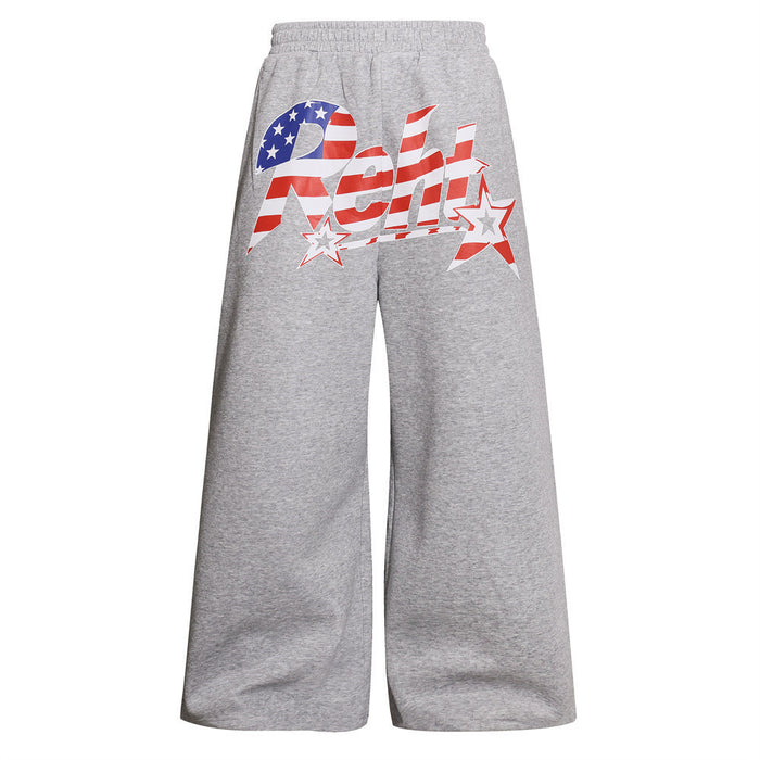 Men's oversized wide-leg sweatpants with American flag stars-and-stripes graphic print in gray