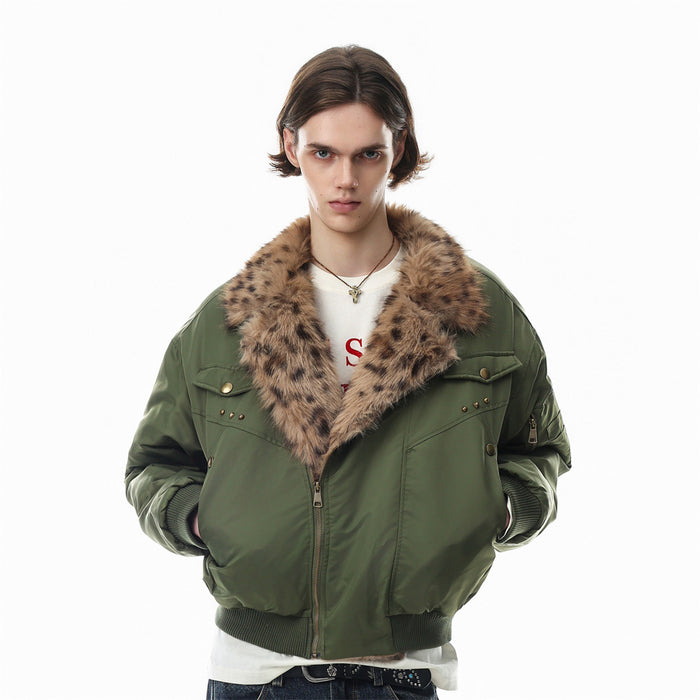 Men's oversized army green padded bomber jacket with leopard-print faux fur collar and brass rivet detail, front and back vie