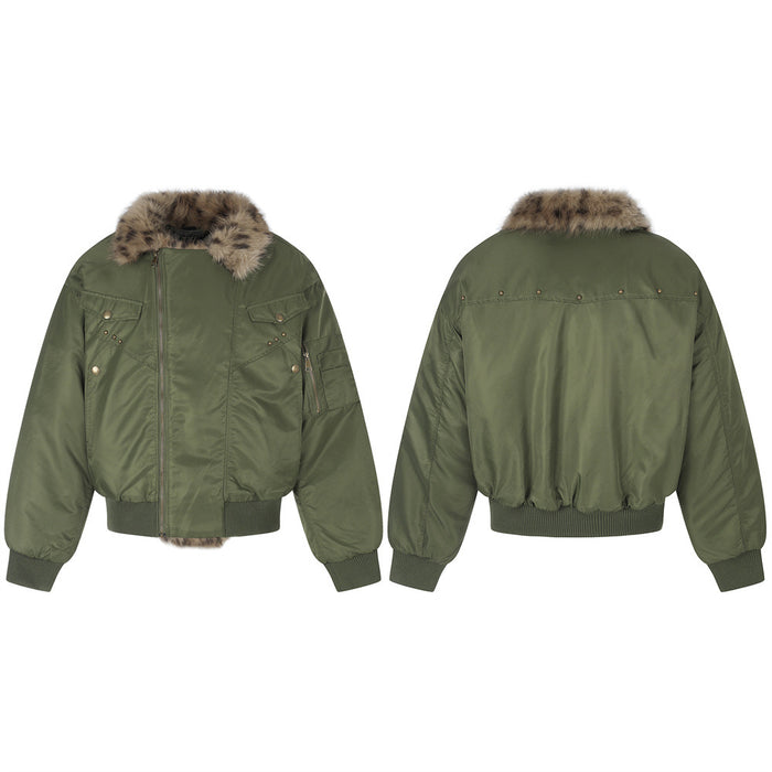 Men's Army Green Bomber Jacket with Leopard Faux Fur Collar & Rivet Detail