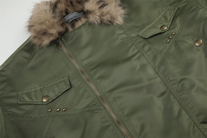 Men's Army Green Bomber Jacket with Leopard Faux Fur Collar & Rivet Detail