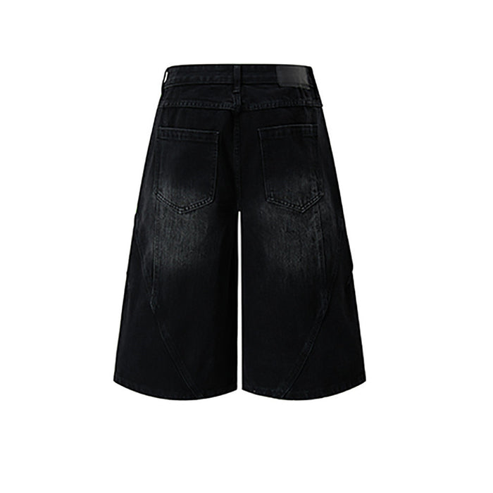 Black wide-leg denim shorts with back pockets, distressed fade and five-point cut