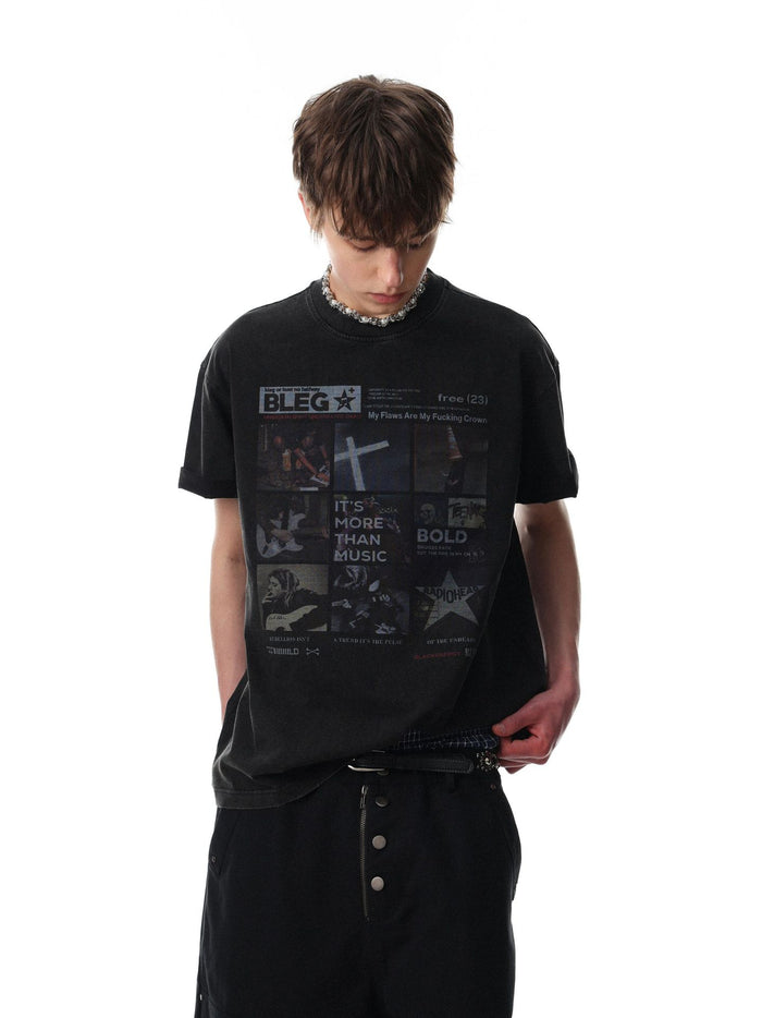 Men's oversized black acid-wash graphic t-shirt with BLEG music collage print on the front chest