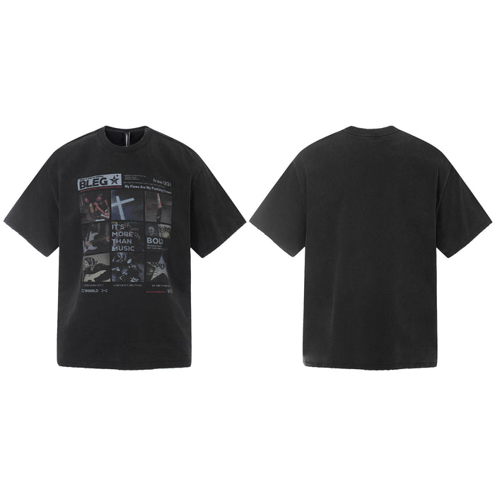 Black short-sleeve graphic T-shirt shown from the front and back, with a collage print on the front