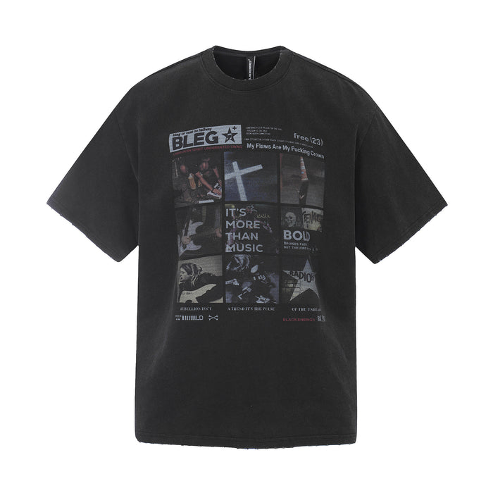 Front view of a black short-sleeve T-shirt featuring a detailed rectangular music collage graphic