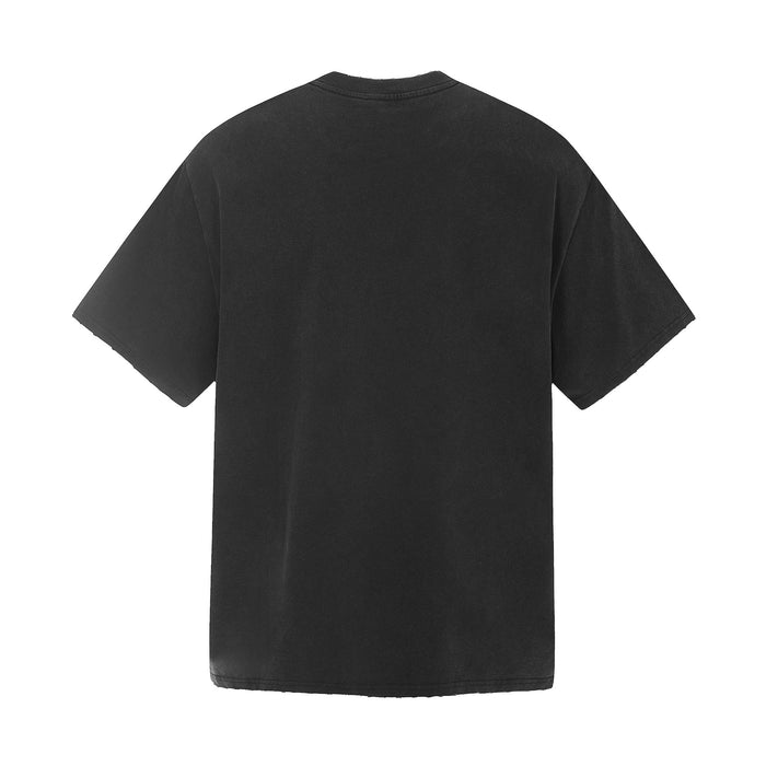 Back view of a plain black short-sleeve T-shirt with a lightly textured finish