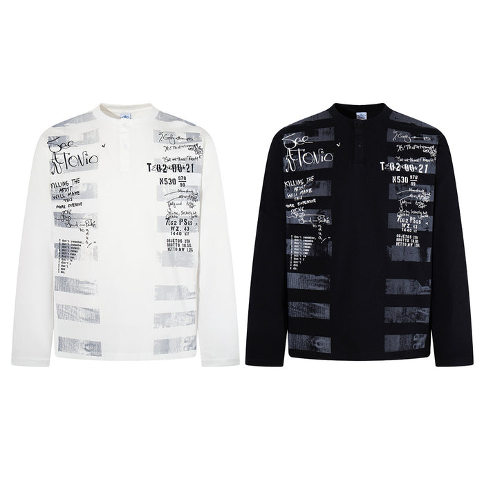 White and black long-sleeve graphic shirts shown side by side from the front