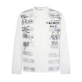 White long-sleeve shirt with gray blocks and black handwritten-style graphics on the front