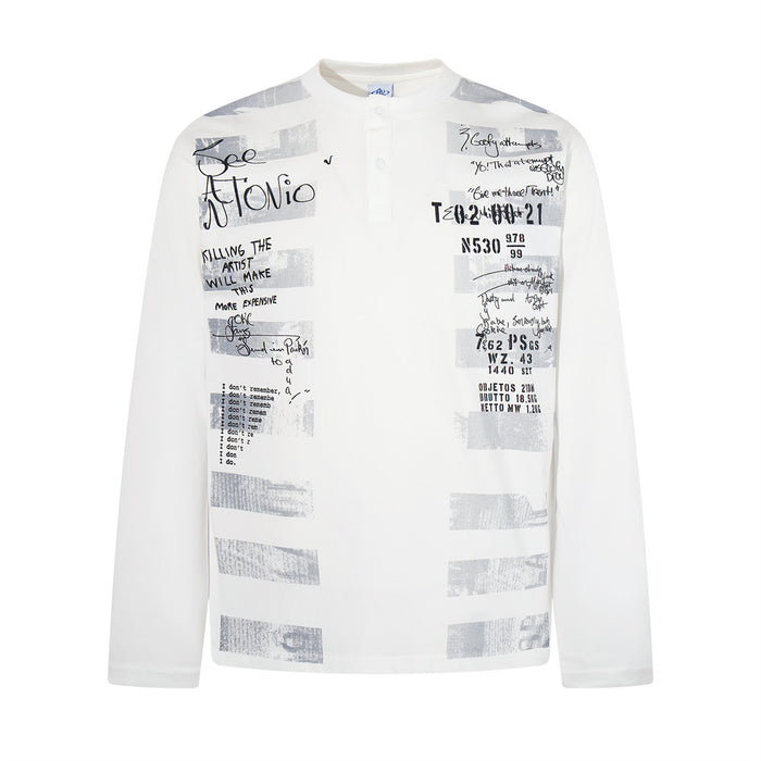 White long-sleeve shirt with gray blocks and black handwritten-style graphics on the front