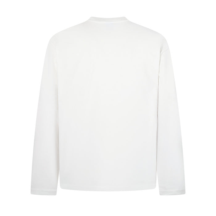 White long-sleeve shirt shown from the back with a plain design and crew neckline