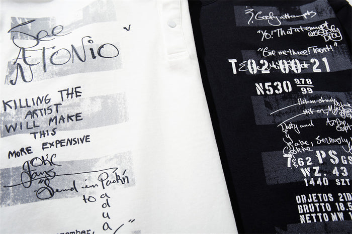 White and black shirt fronts shown together, highlighting contrasting text graphics and gray block prints