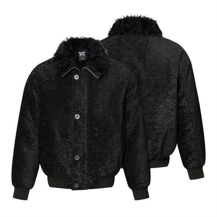 Men's oversized black faux fur collar bomber jacket, front and back view, textured chenille fabric with ribbed cuffs and snap