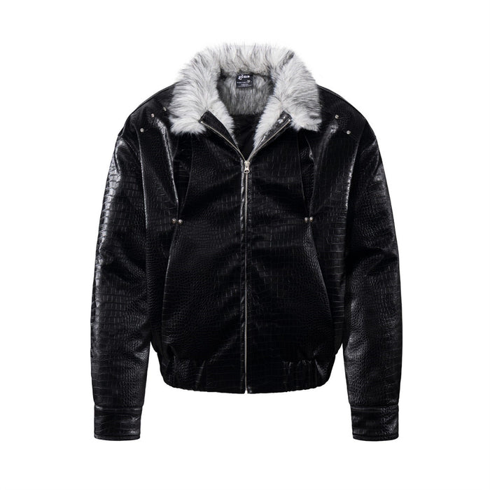 Men's black croc-embossed PU leather bomber jacket with white faux-fur collar, front and back view