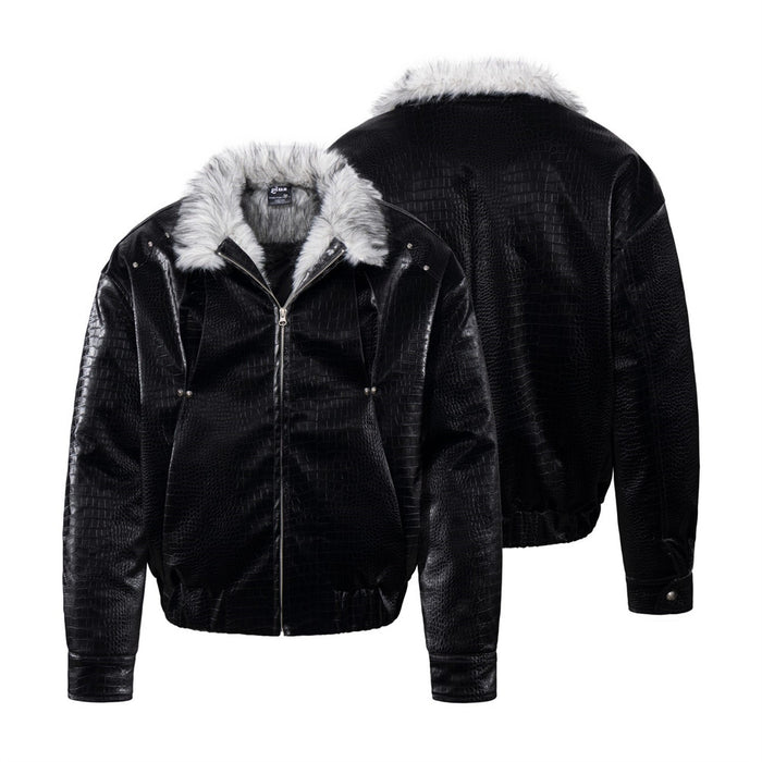 Men's Bomber Jacket with Fur Collar – Black Croc-Embossed PU Leather