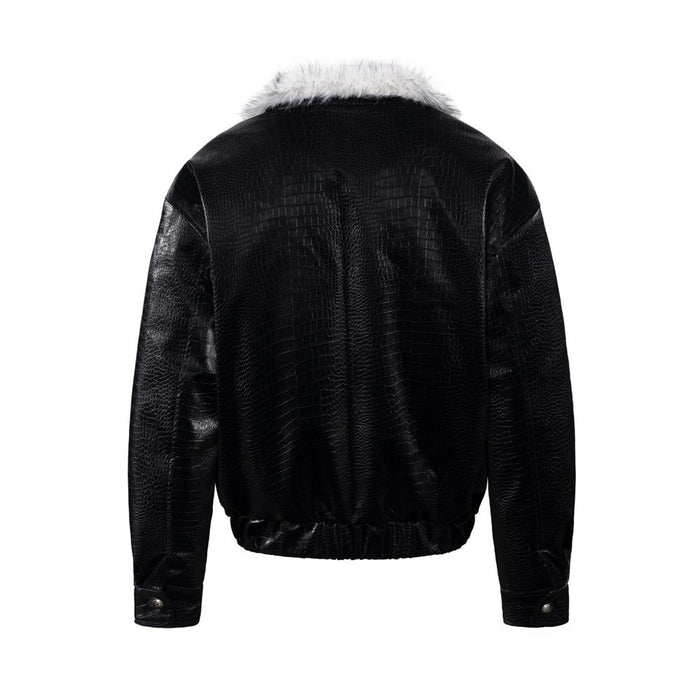 Men's Bomber Jacket with Fur Collar – Black Croc-Embossed PU Leather