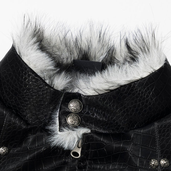 Men's Bomber Jacket with Fur Collar – Black Croc-Embossed PU Leather