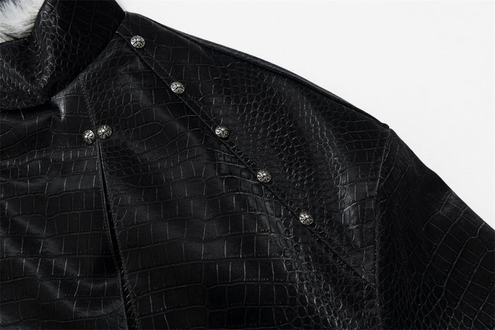 Men's Bomber Jacket with Fur Collar – Black Croc-Embossed PU Leather