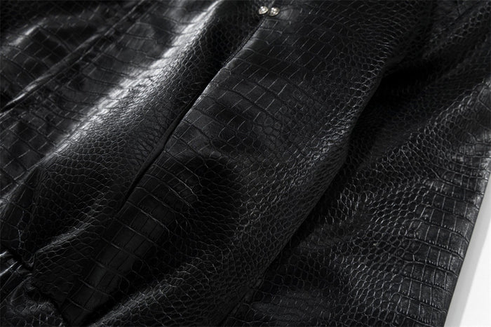 Men's Bomber Jacket with Fur Collar – Black Croc-Embossed PU Leather