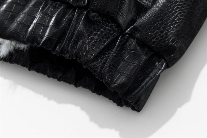 Men's Bomber Jacket with Fur Collar – Black Croc-Embossed PU Leather