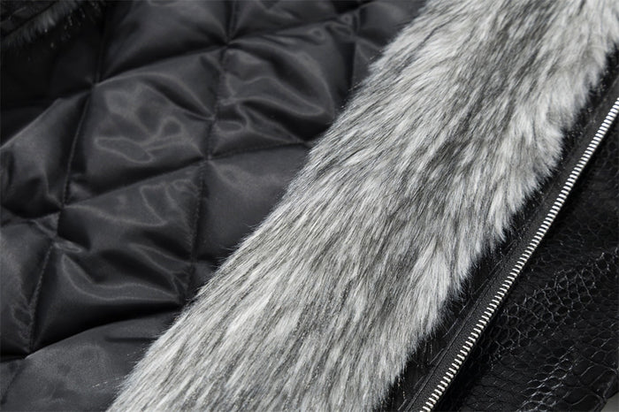 Men's Bomber Jacket with Fur Collar – Black Croc-Embossed PU Leather