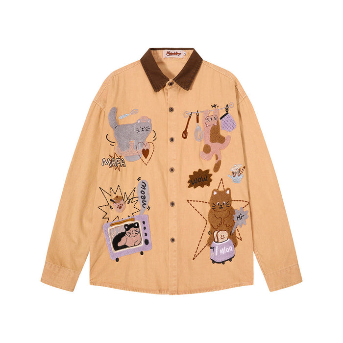 Men's orange long sleeve shirt with cartoon cat embroidery and contrast dark brown collar, front view