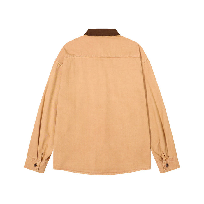 Rear view of a tan long sleeve shirt with a dark brown contrast collar, cuffs, and straight hem