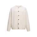 Men's crewneck knit cardigan sweater with floral buttons in cream, camel, and charcoal grey